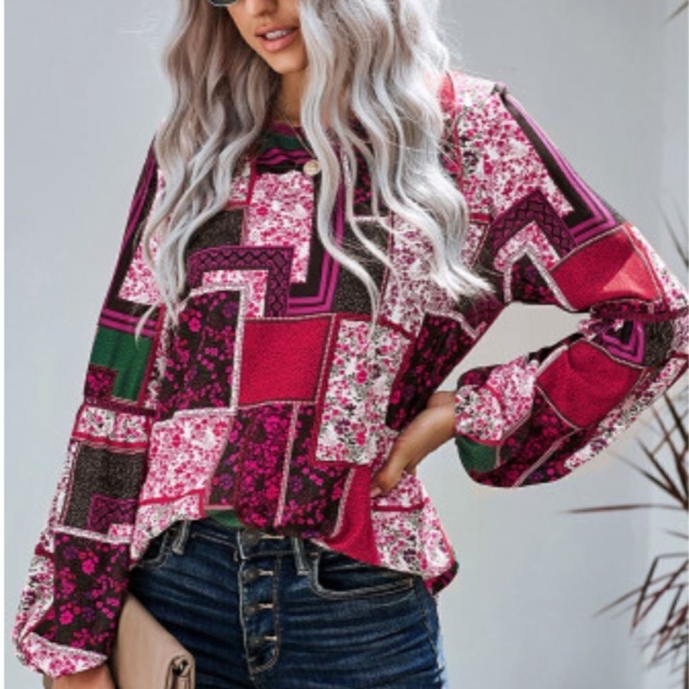Boho Floral Print Patchwork Blouse rose colored size small med large